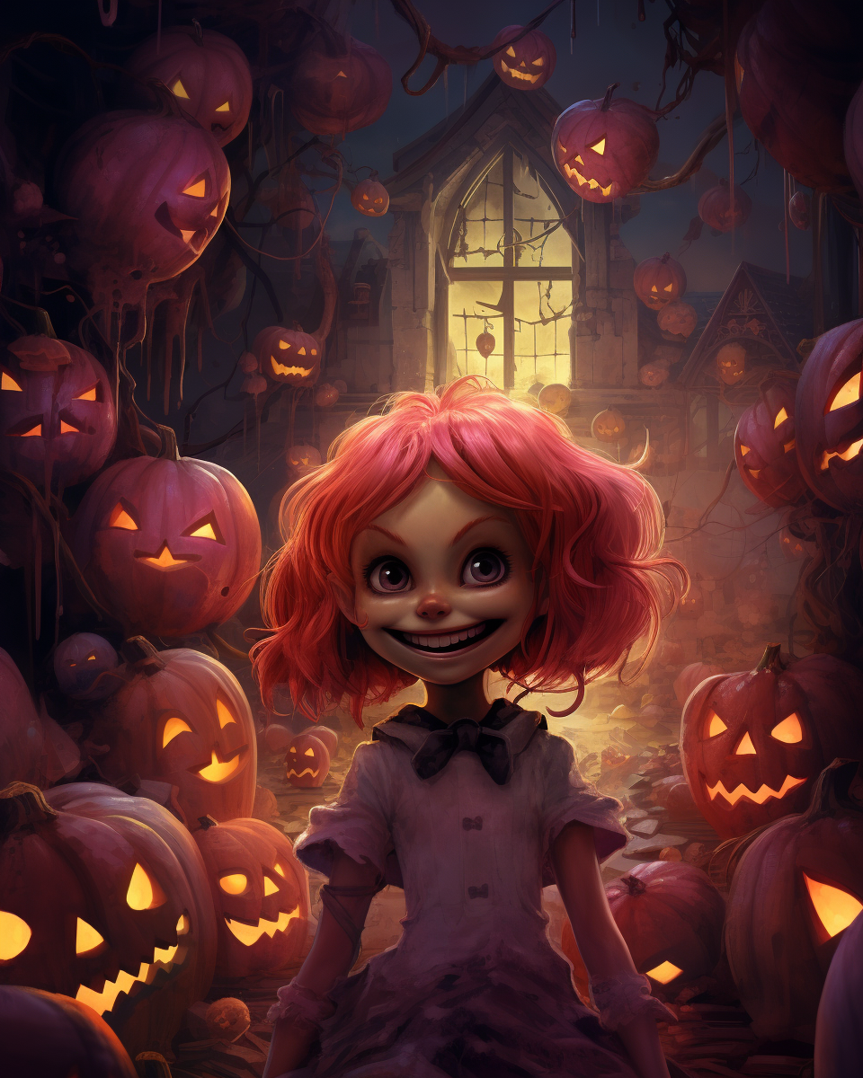 Creepy smiling inside creepy house surrounded by pumpkins