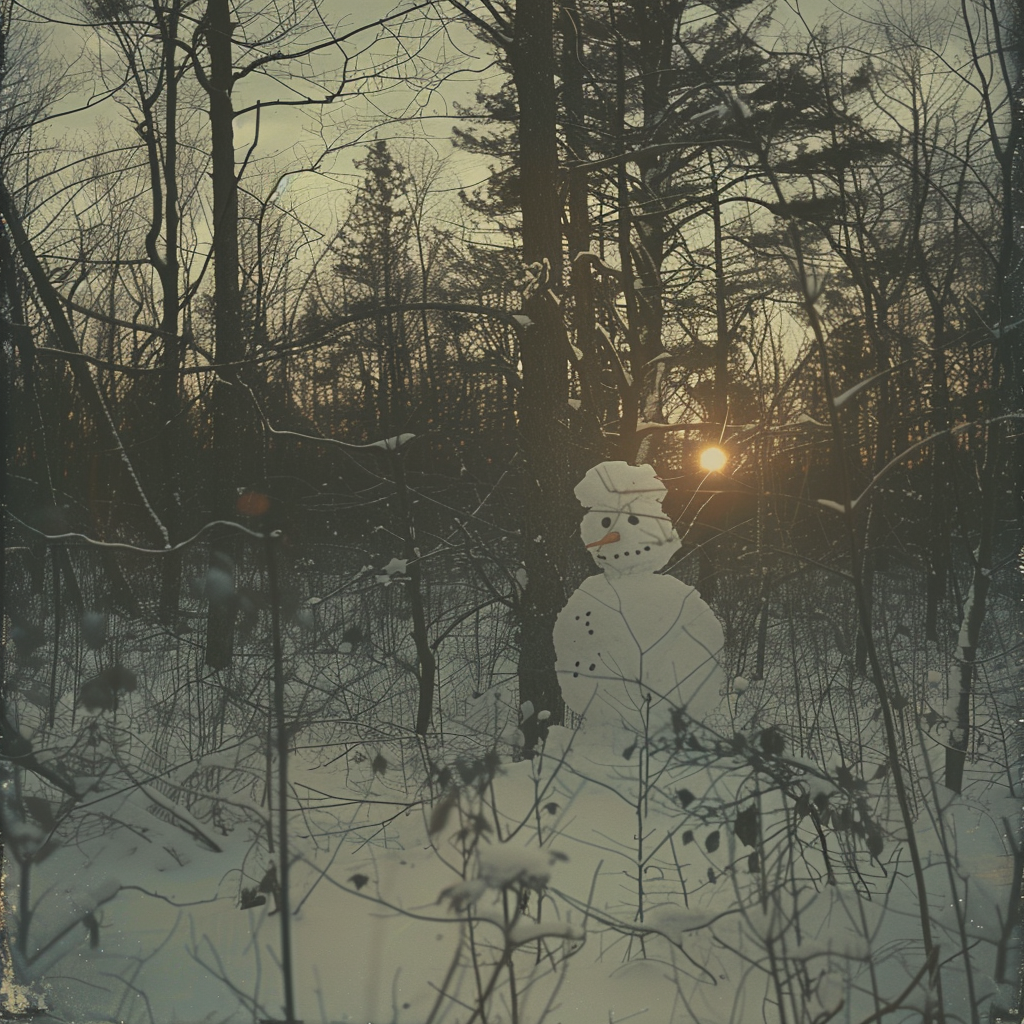 Creepy Snowman in Sunset Forest