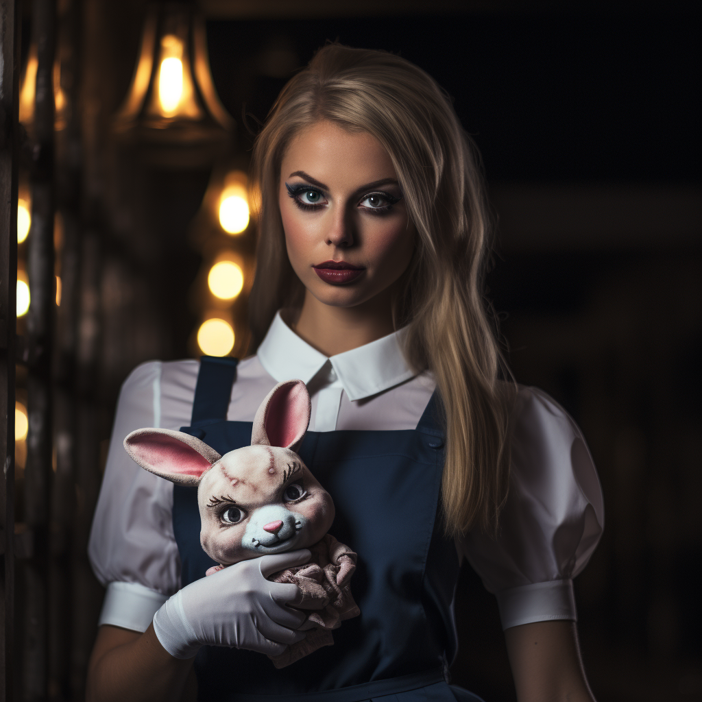 Creepy doll-like waitress with bunny mask