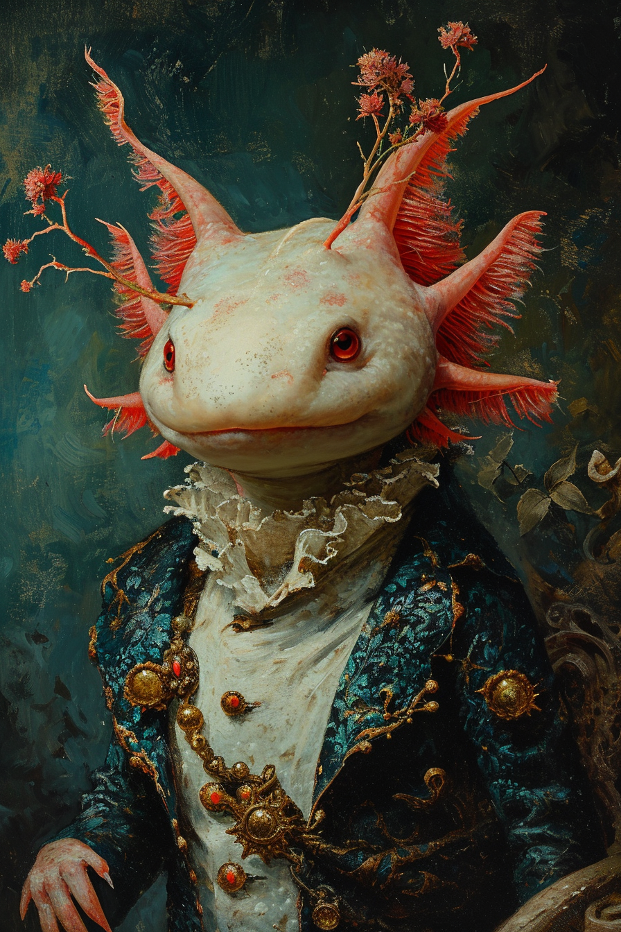 Creepy humanoid axolotl in vintage oil painting