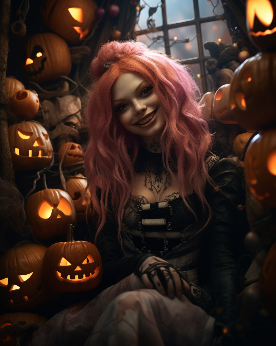 Creepy witch with pumpkins in a haunted house