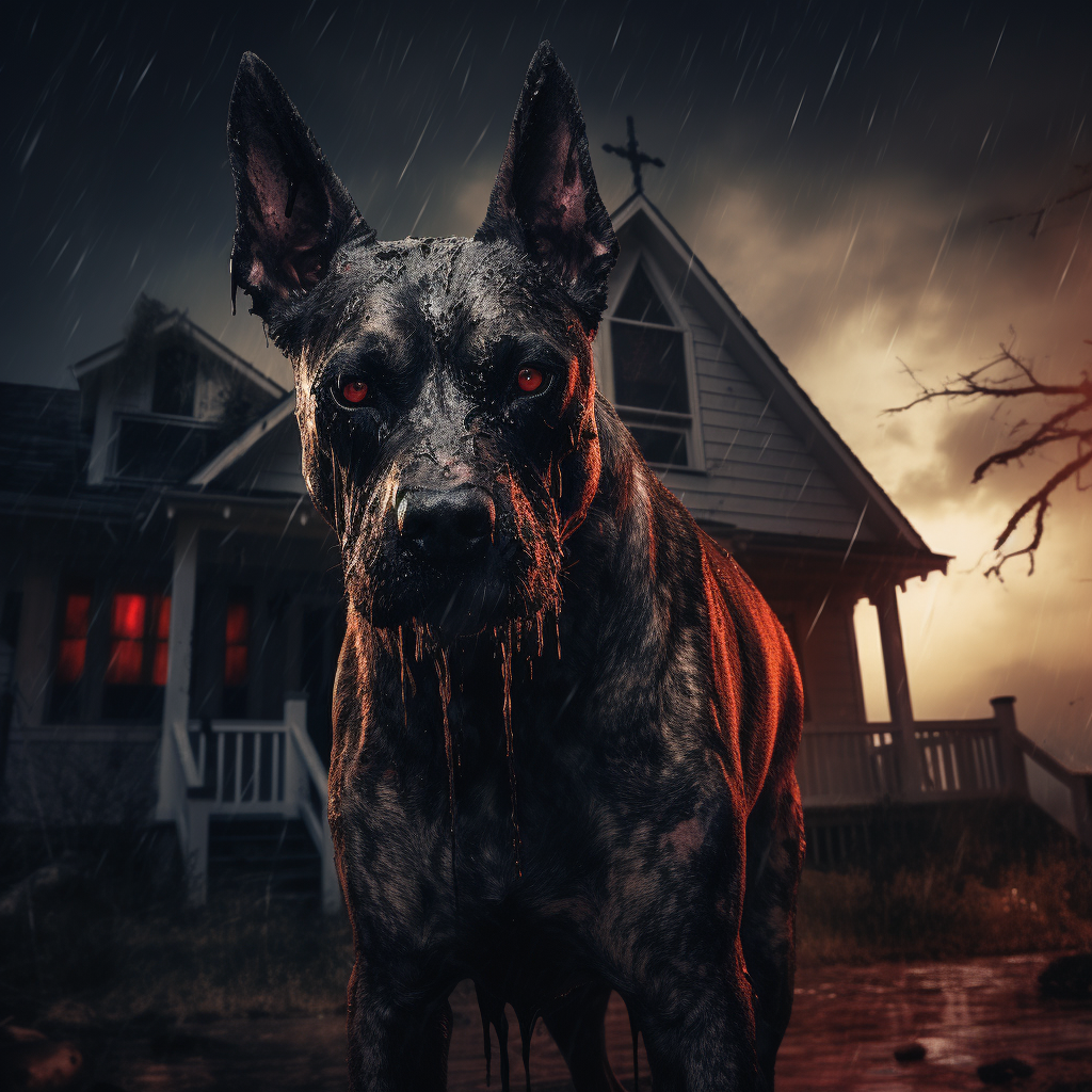 Creepy zombie dog in front of haunted house