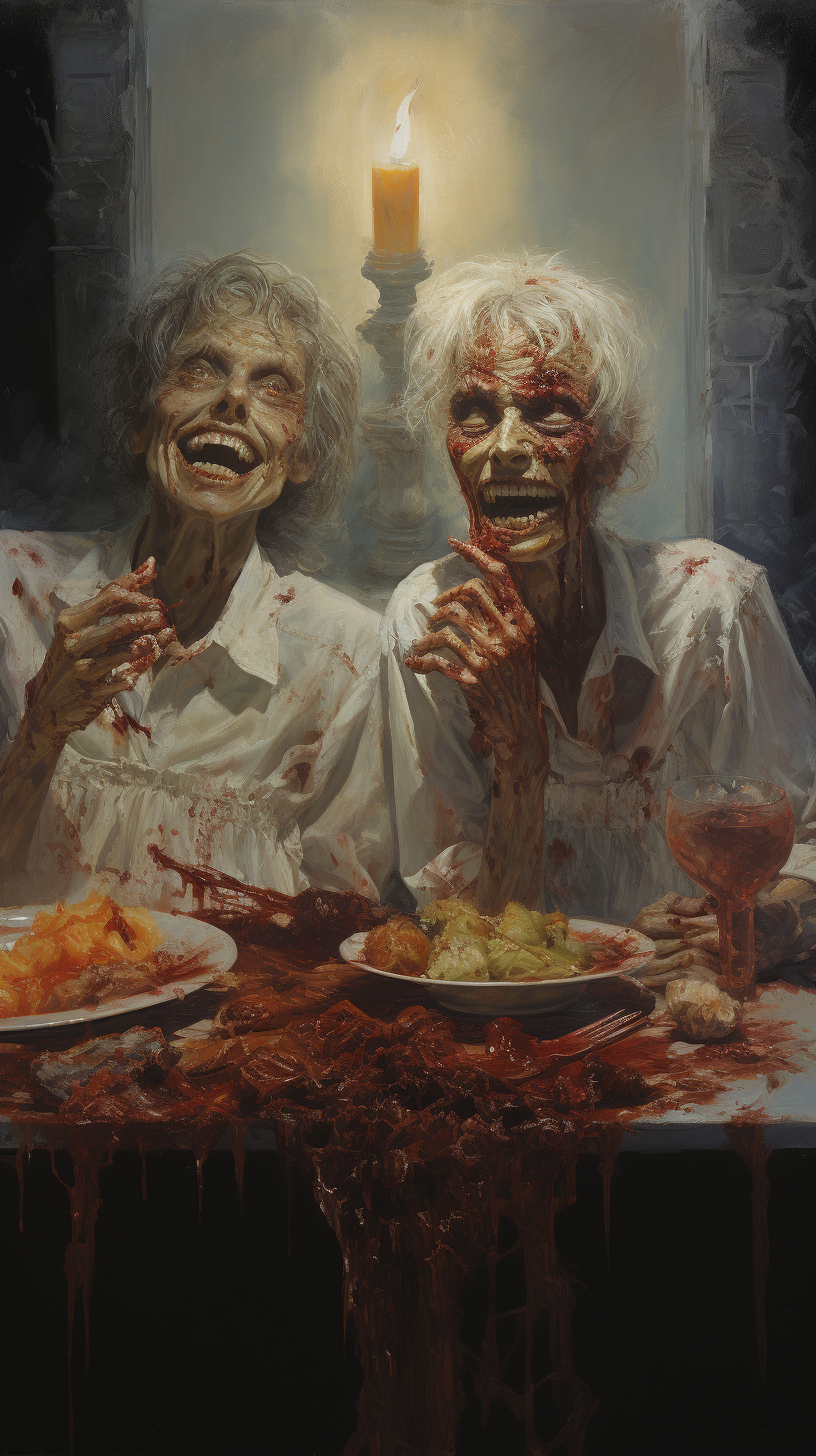 Creepy Zombies Eating Meat in Cemetery at Night