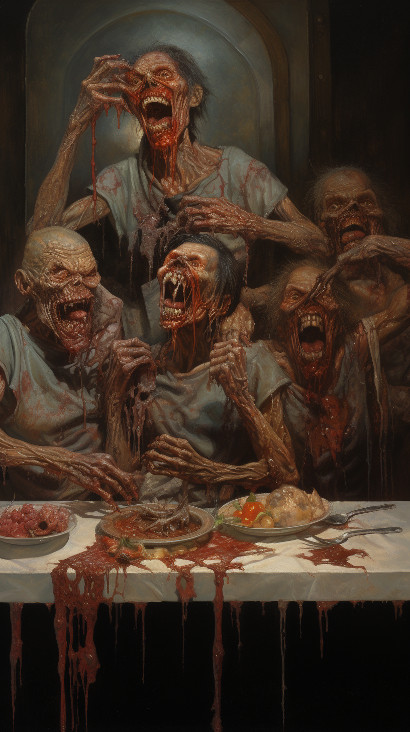 Creepy zombies eating meat chains