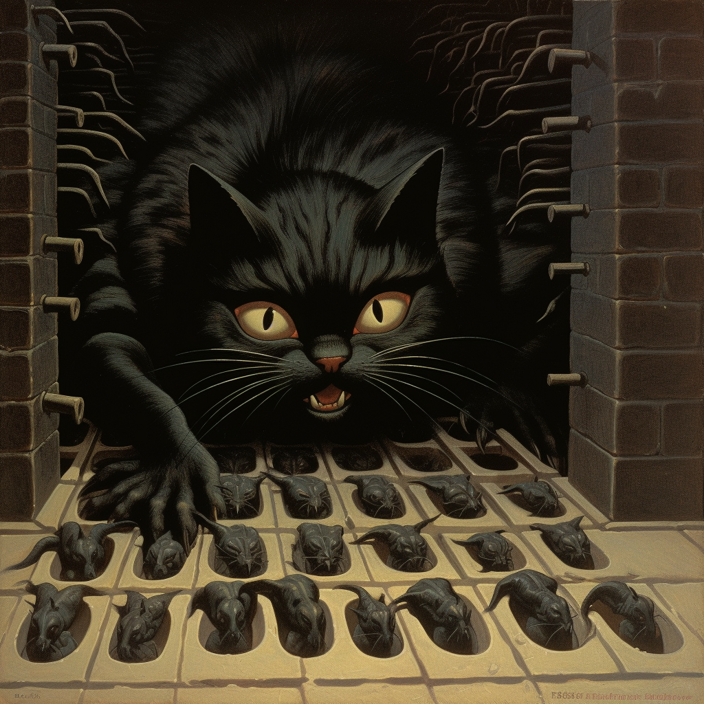 Creepy black cat with hidden creatures - Grant Wood