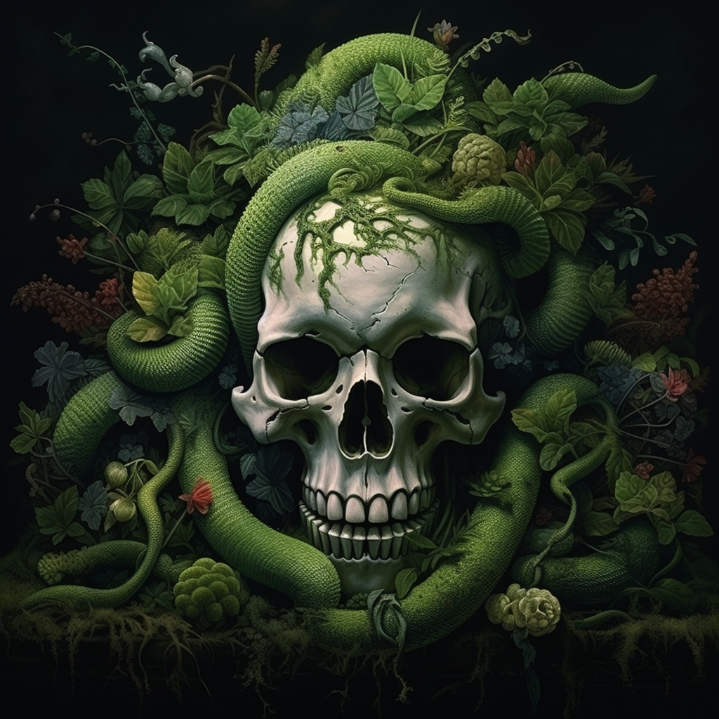 Fantasy Creepy Crawly Skull Among Greenery and Moss