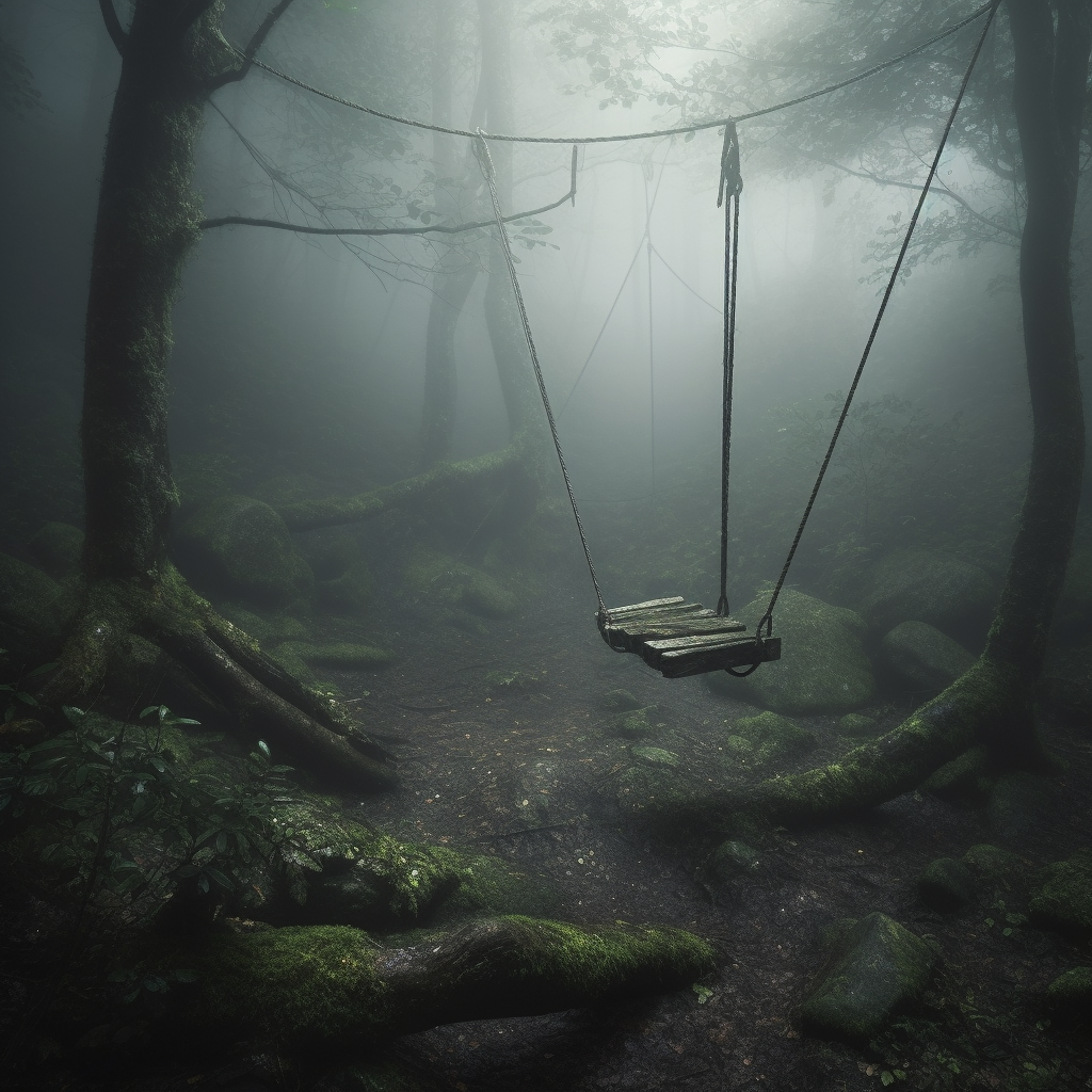 Eerie ropeswing in dark forest