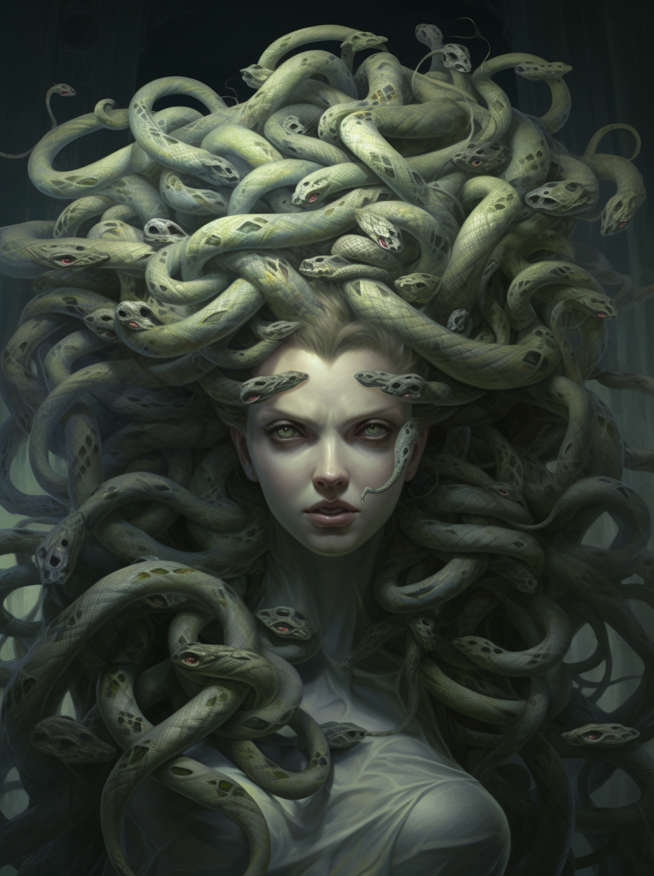 Surreal image of a creepy Medusa with evil snake hair