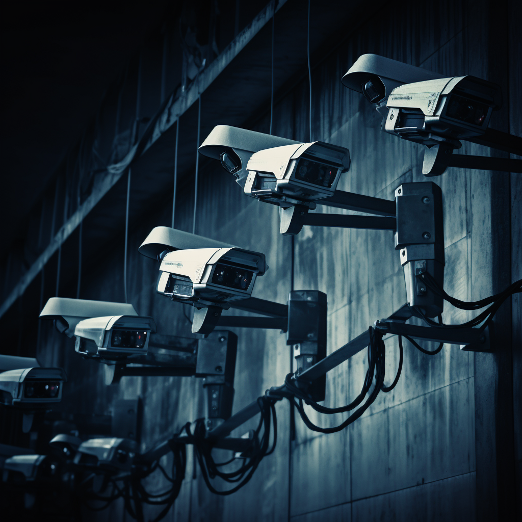 Creepy security cameras on a dark background