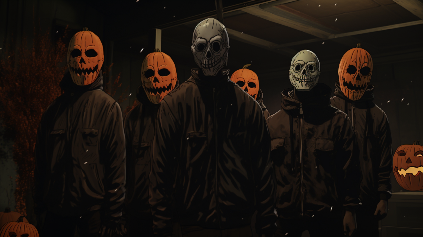 Men wearing pumpkin masks, smoking