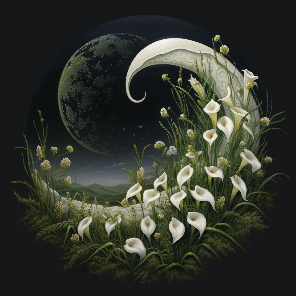 Serene Crescent Moon and Lilies of the Valley