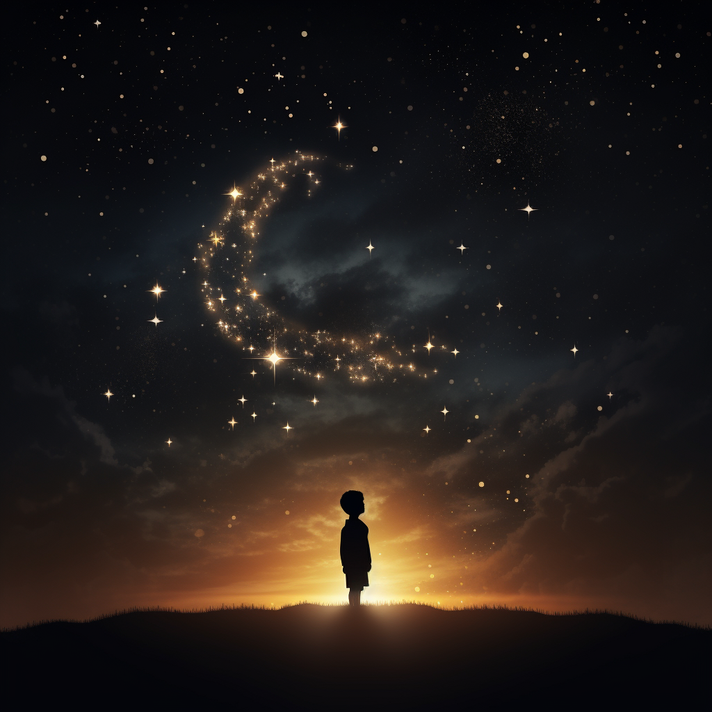 Silhouette of a young boy under crescent moon and stars