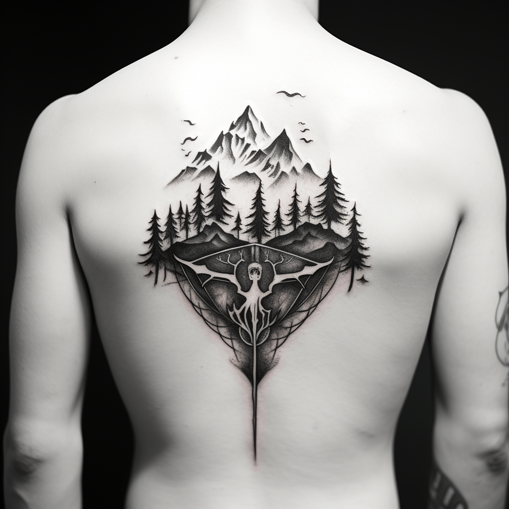 Simple crest tattoo with axe, arrow, trees, mountains, and fire