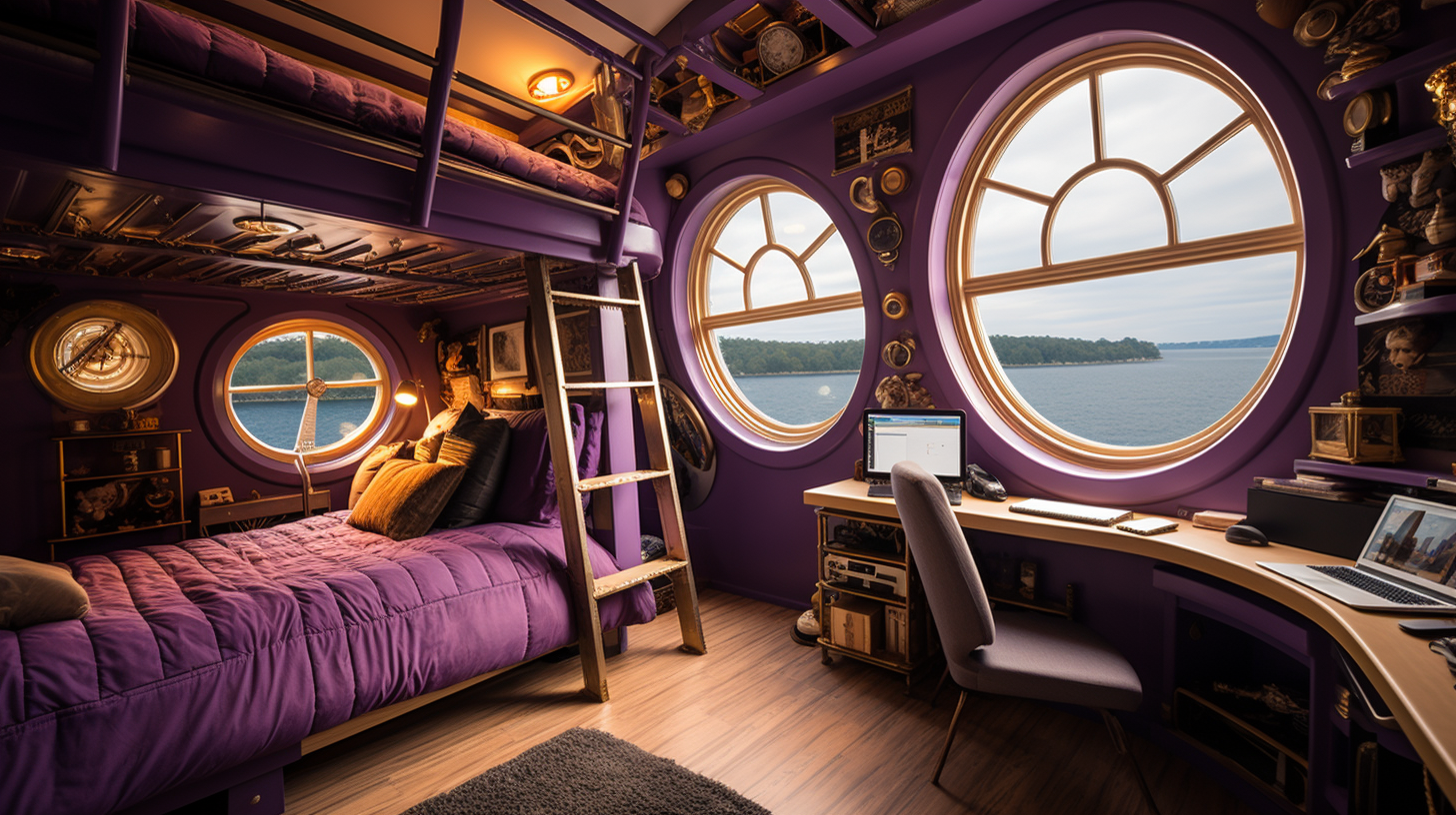 Pirate-style crew stateroom with purple cosmos view