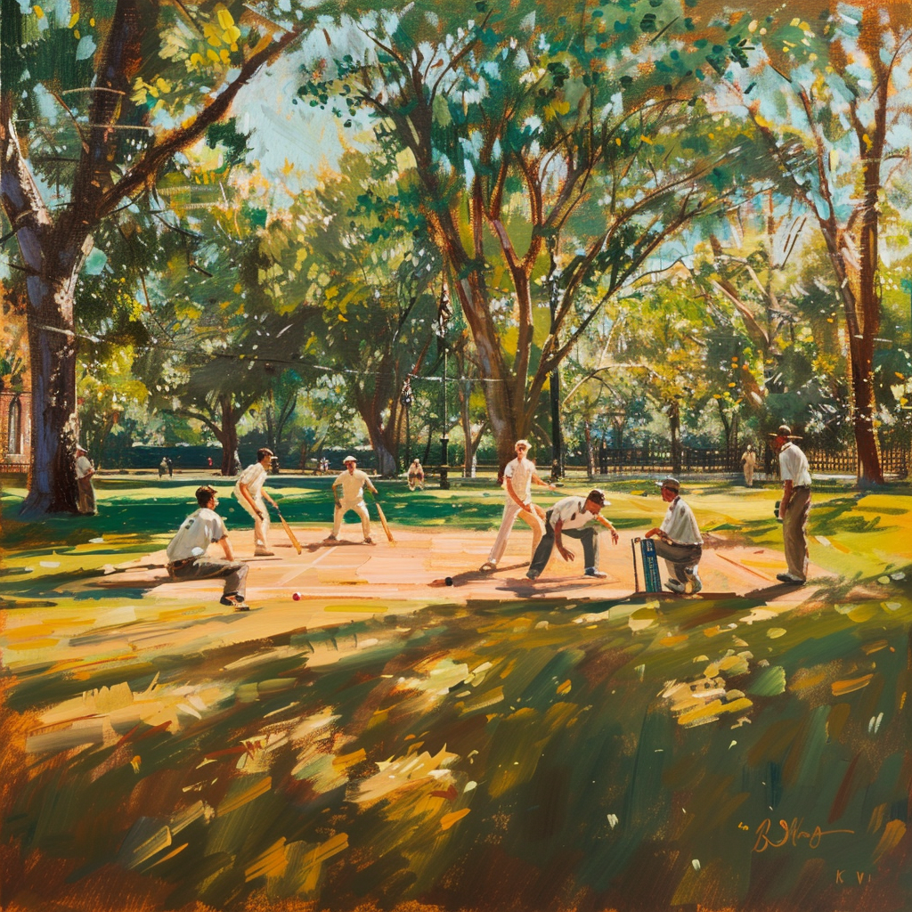 Cricket Players Village Green Oil Painting