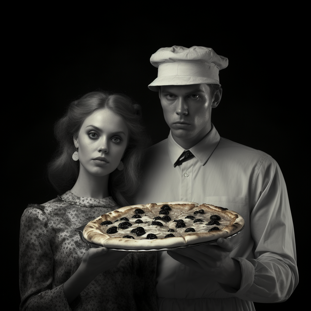 Crime and Pizza black and white photograph