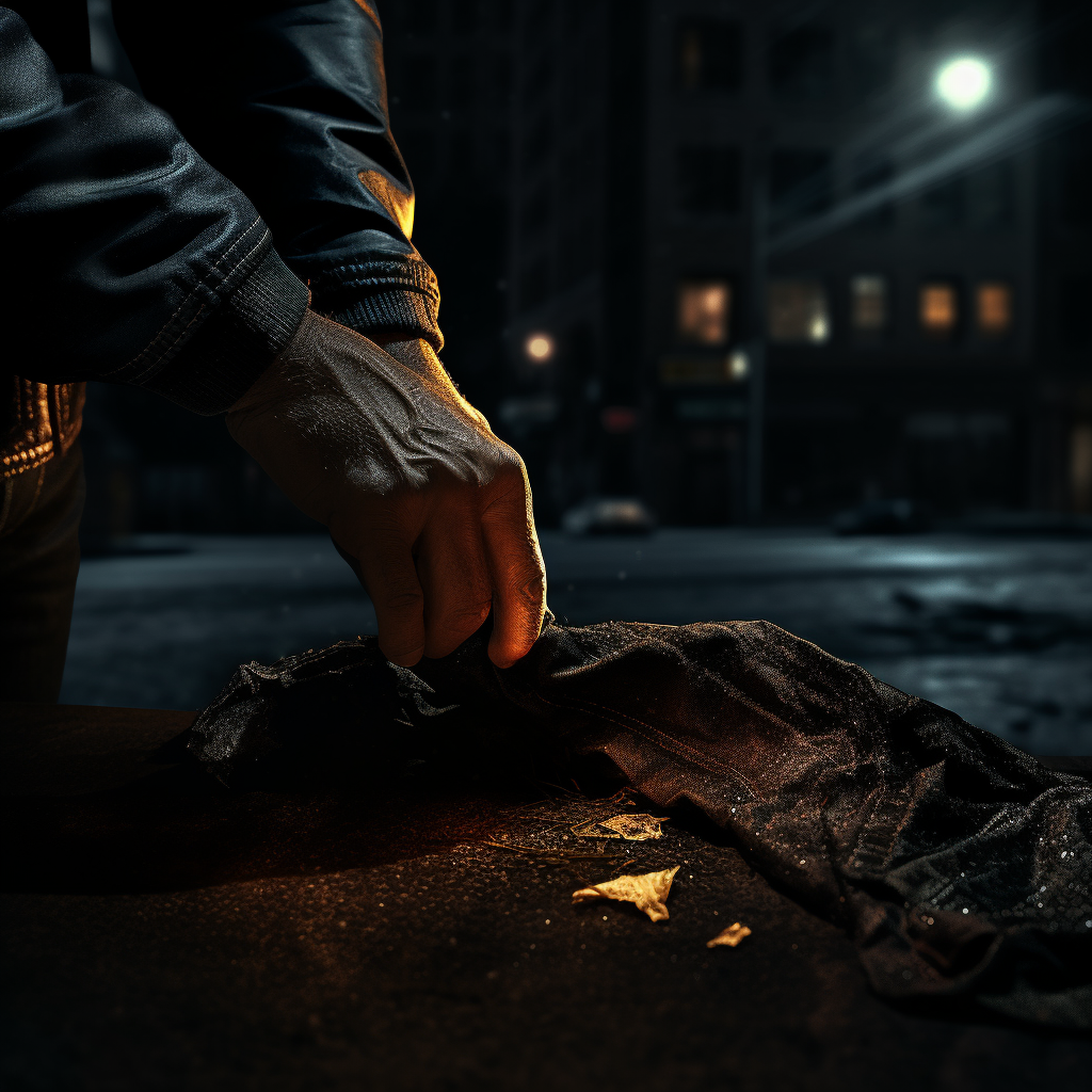 Hand holding scratched and torn clothing evidence