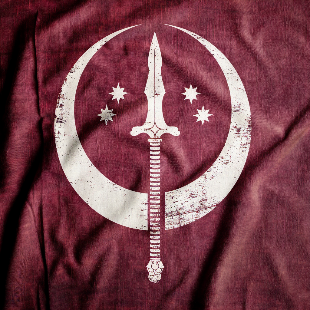 crimson flag with moon, stars, sword