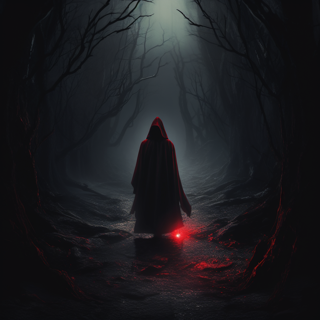 Lone figure in red robe walking down dark path