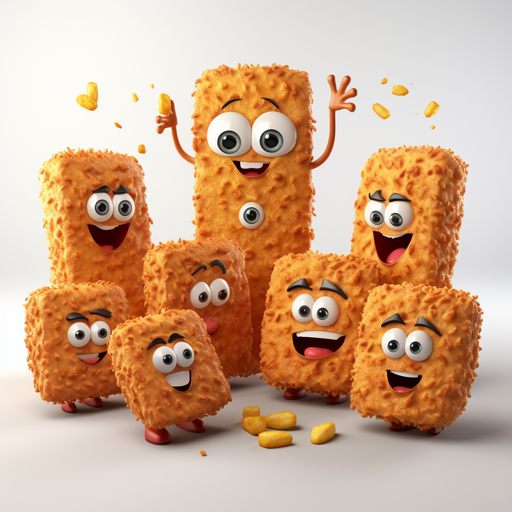 Animated crispy worker nuggets with eyes and legs