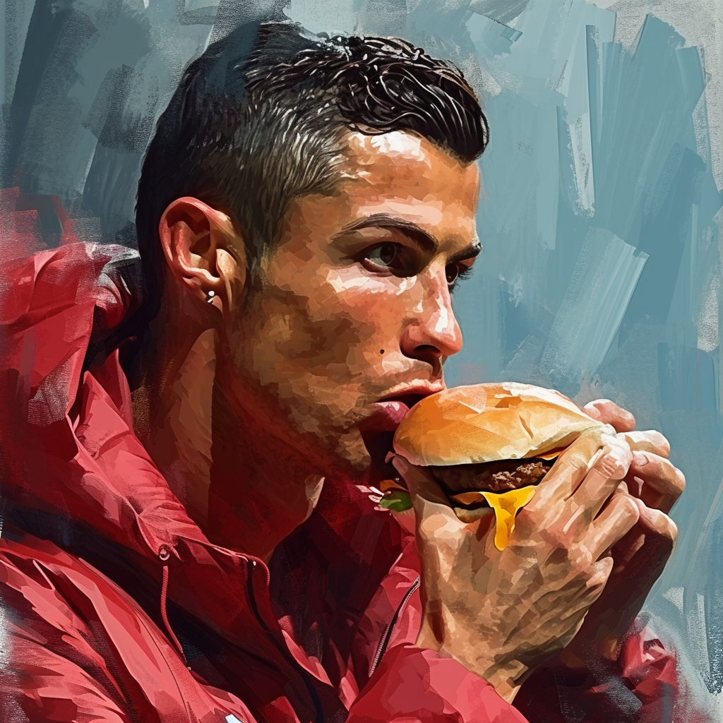 Enthusiastic Cristiano Ronaldo enjoying McDonald's burger