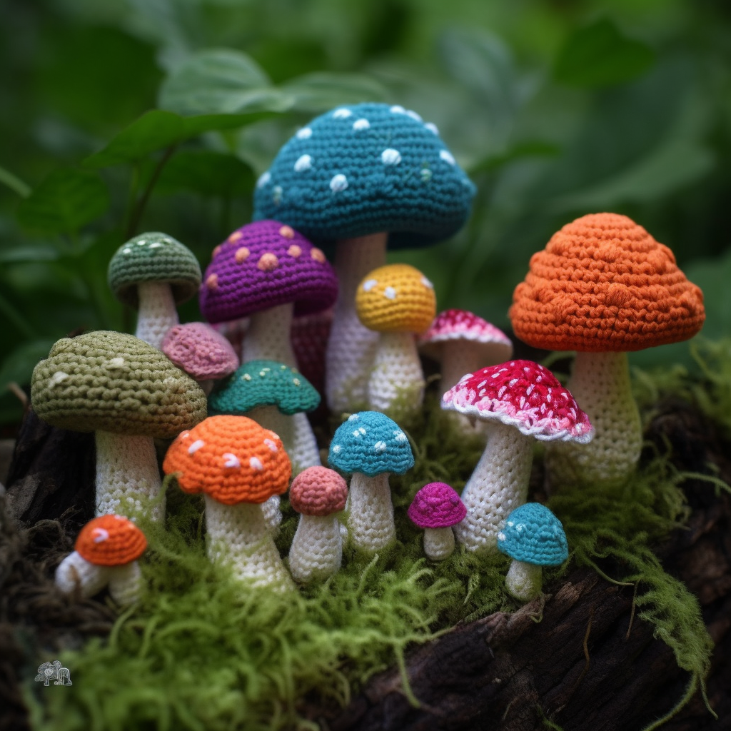 Colorful crochet fungi toys with fancy details