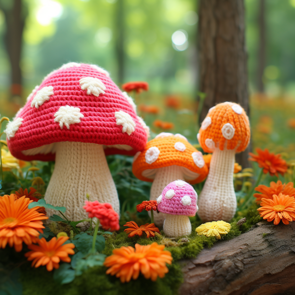 Colorful crochet mushroom toys