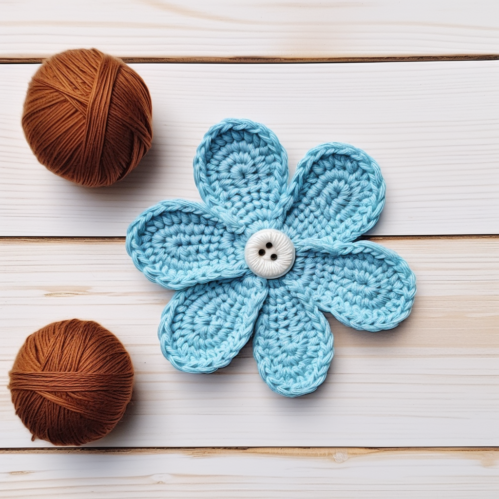 Crochet flower on brown wooden background