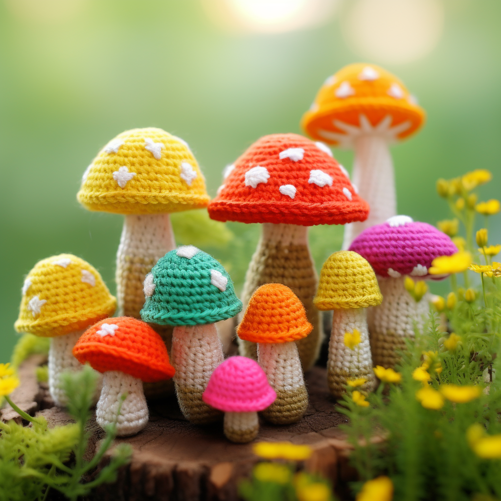 Vibrant crochet mushroom toys