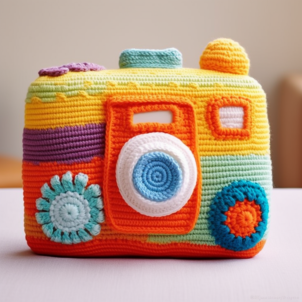 Crochet pillow with Sony camera made from knitting wool