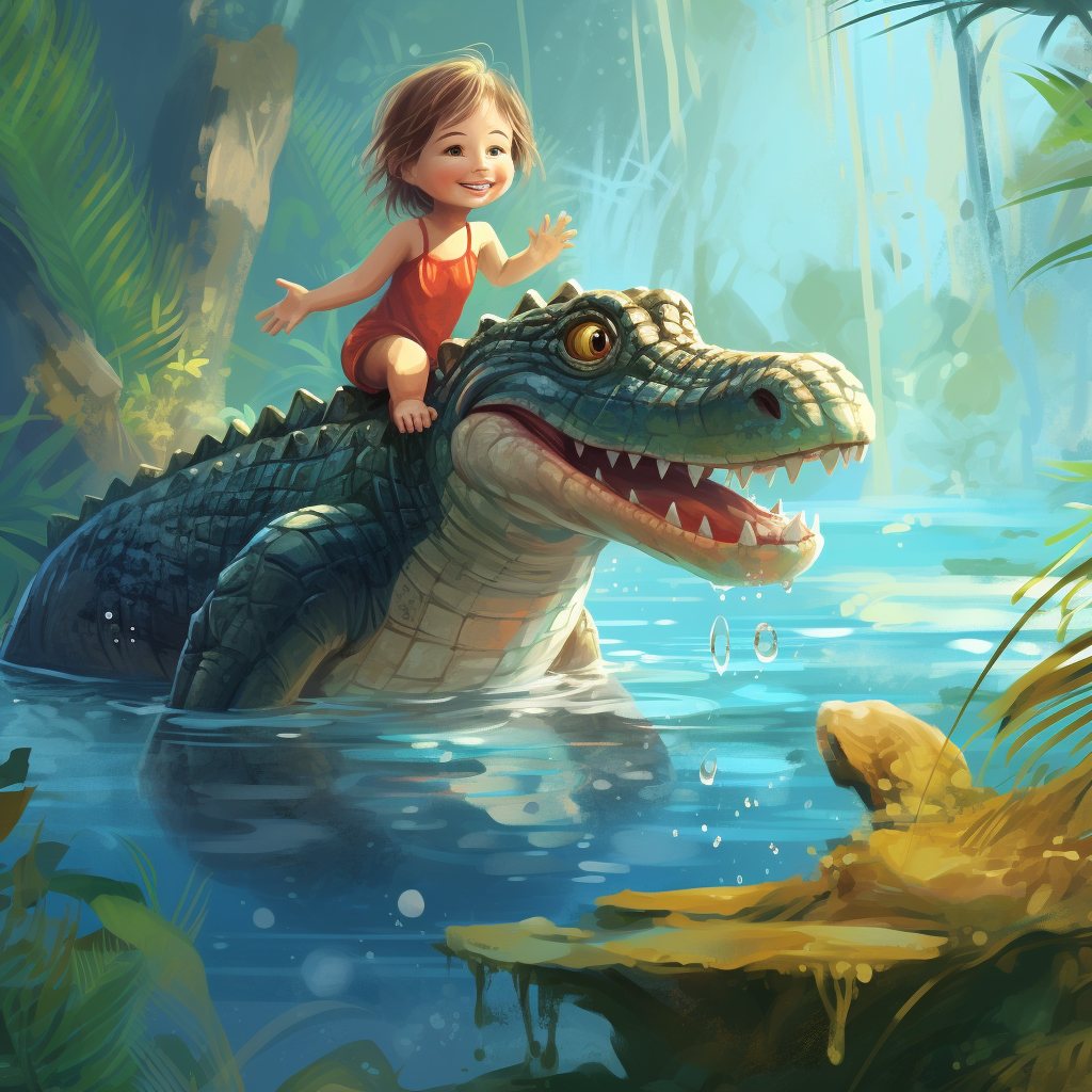 Crocodile child shoreline swimming illustration