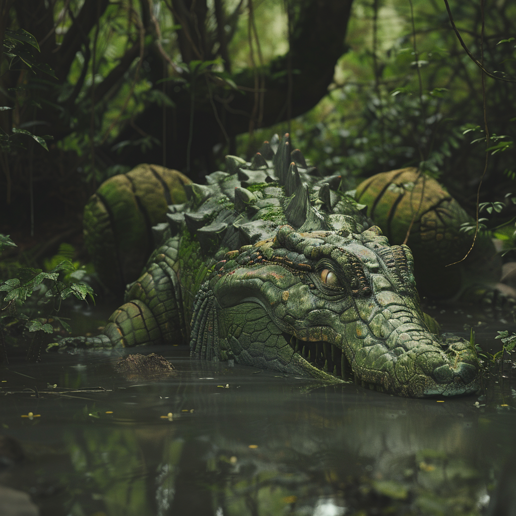 Crocodile lizardman statue in swamp