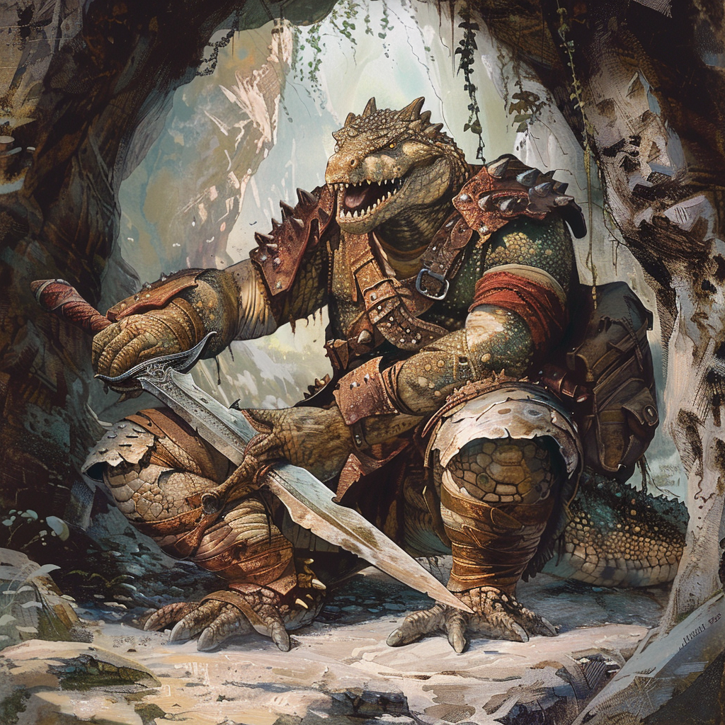 Crocodile lizardman surrendering weapons image