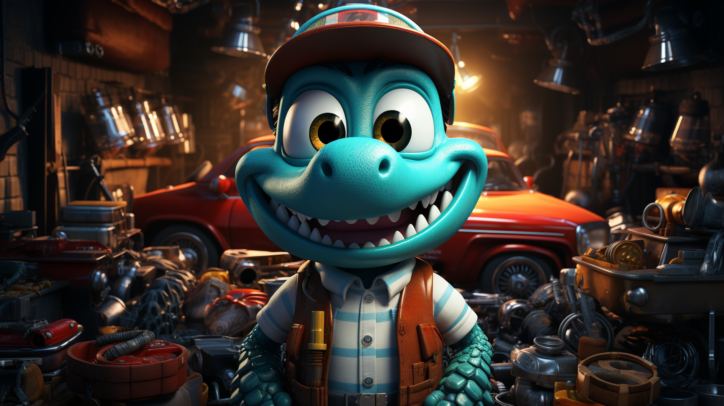 Crocodile mechanic with wrench and car