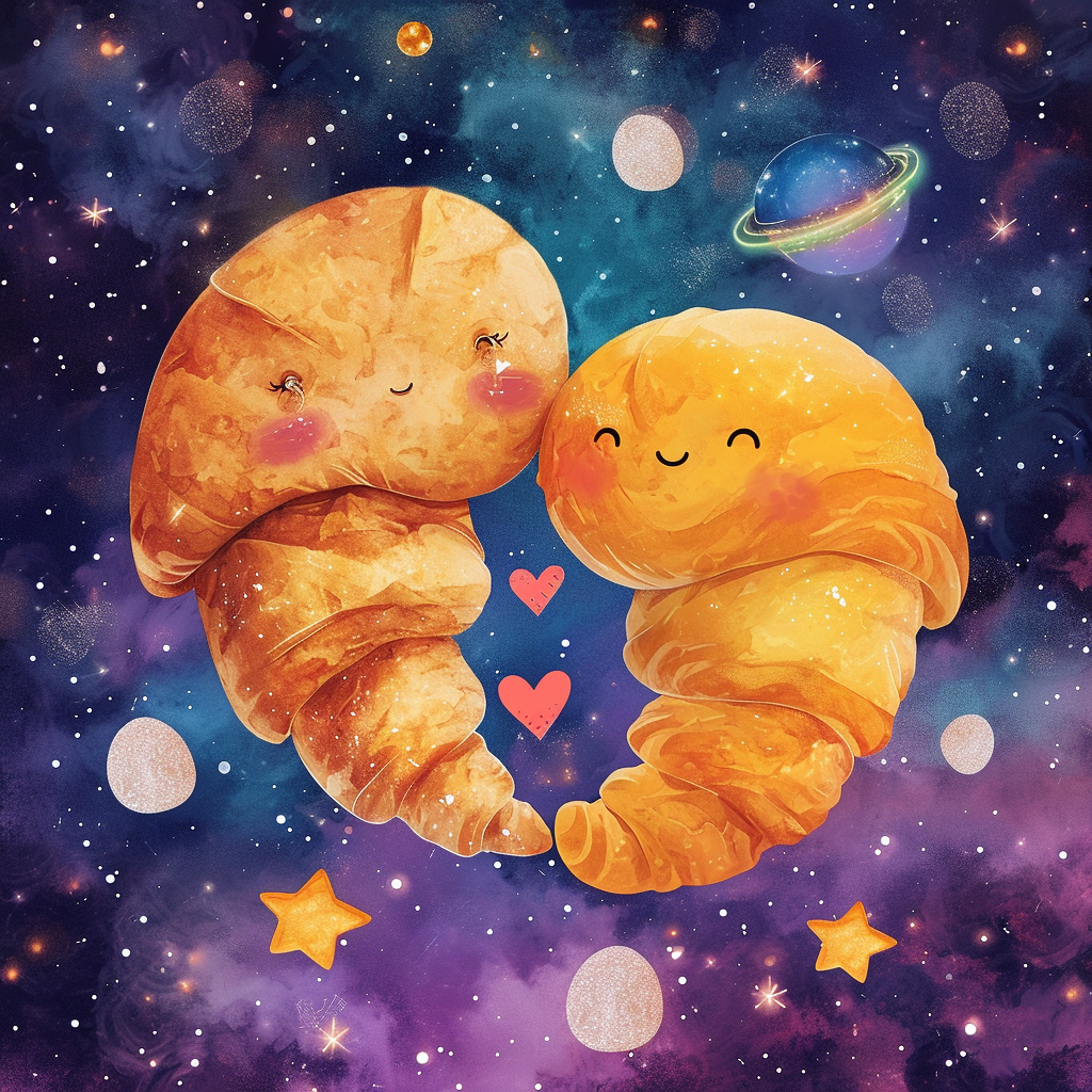 Croissant and sugar brioche sharing sweet moment cosmic chaos