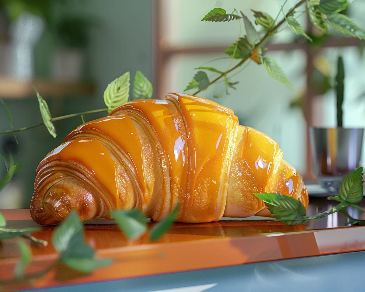 croissant with thick orange paint, plastic decoration, greenery