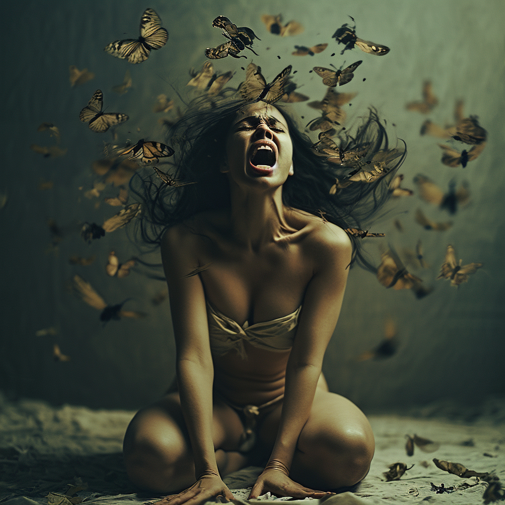 Crouching woman screaming with moths and butterflies