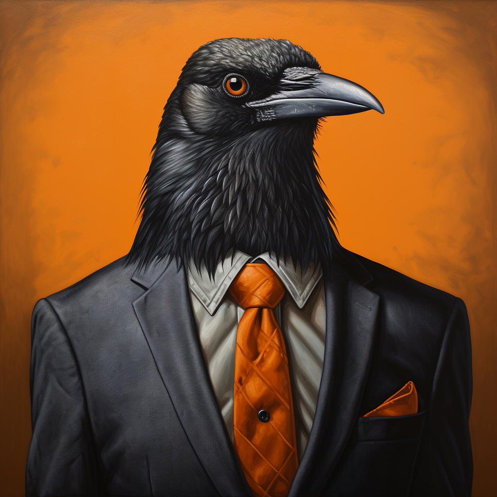 Crow bird wearing orange tie