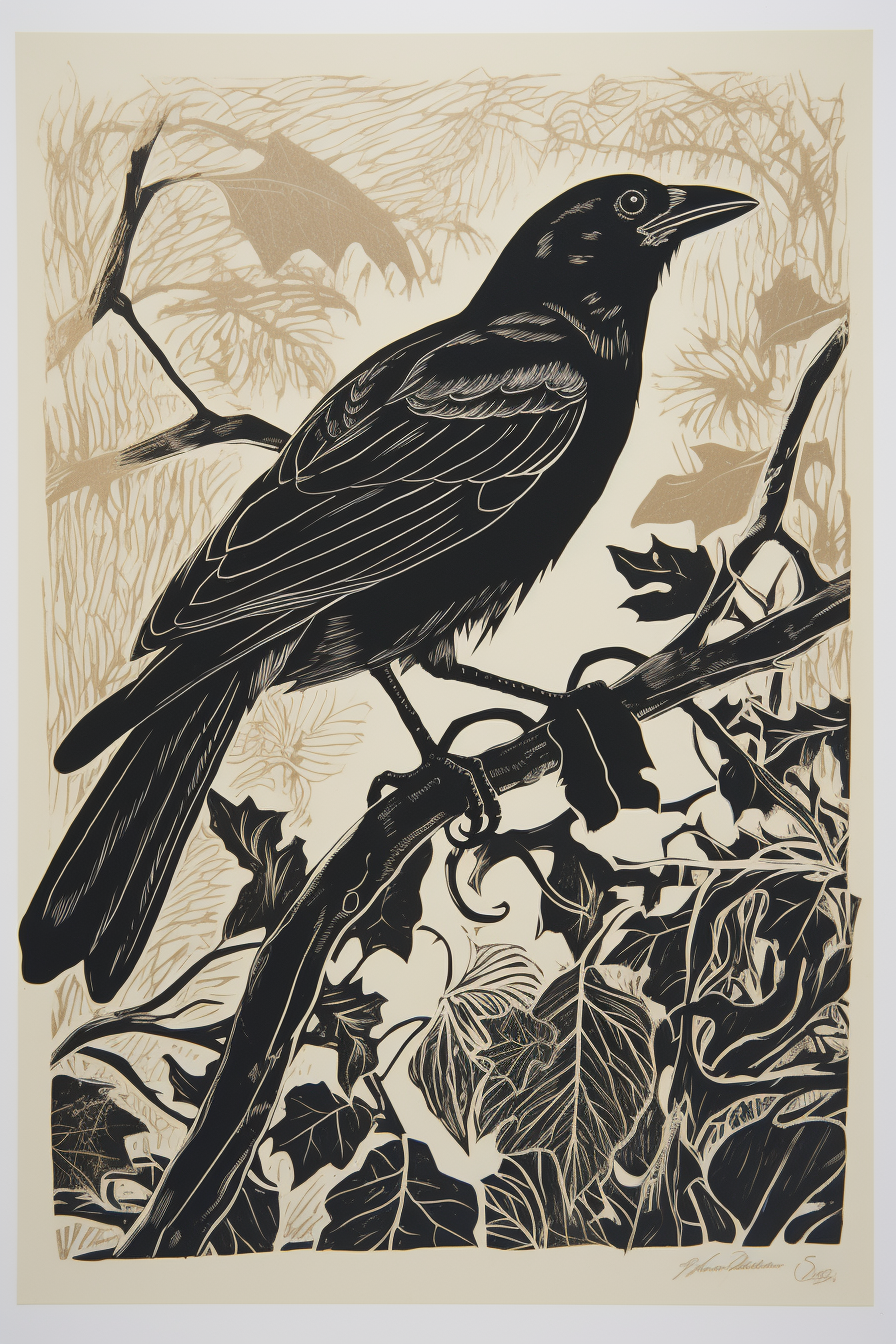 Crow on branch with stag beetle and leaf