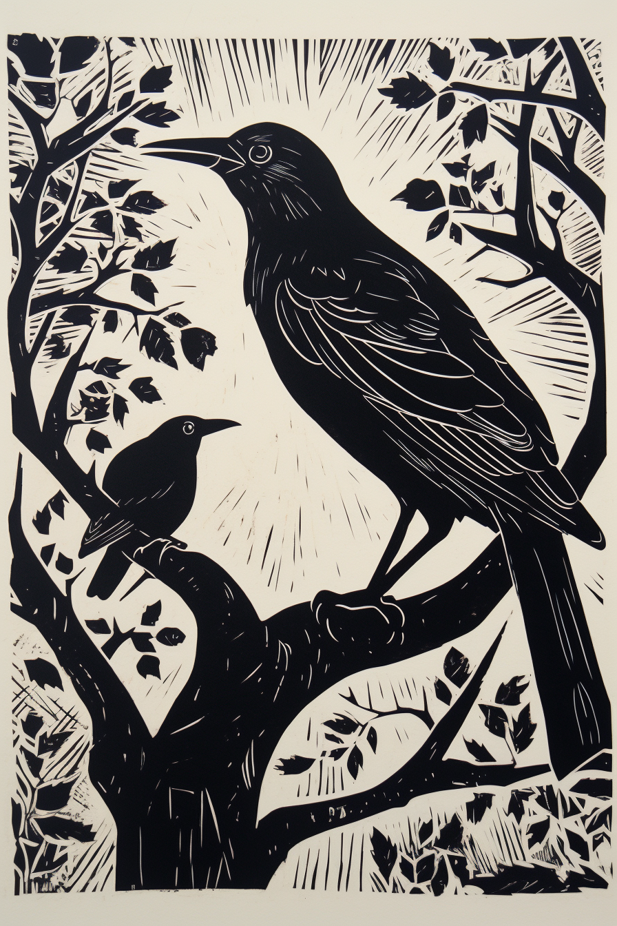 Black and white linocut print of a crow and stag beetle.