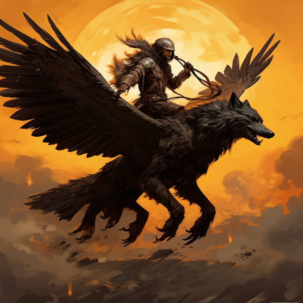 A crow riding on a majestic wolf