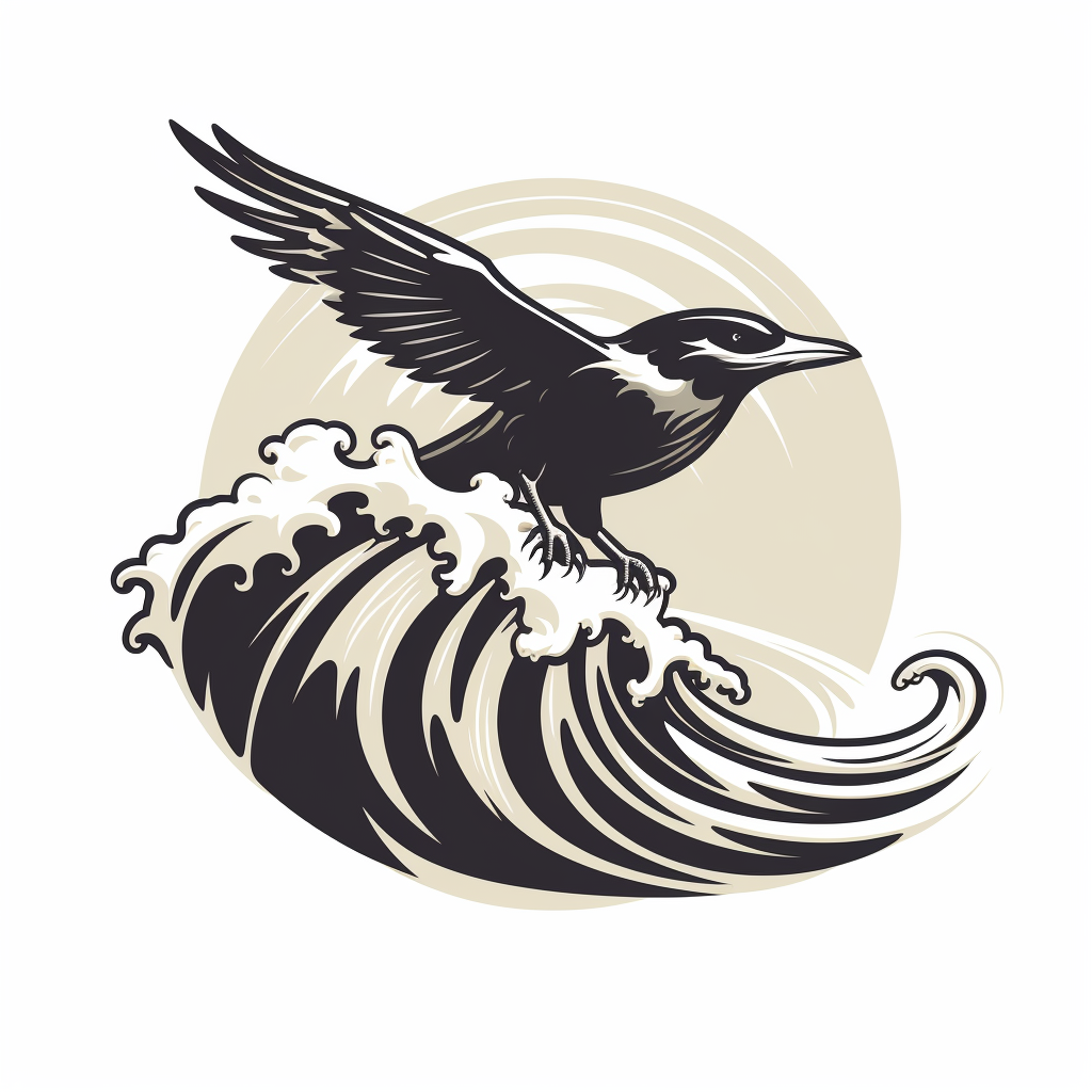 Black and white logo design of a crow surfing high waves  ??