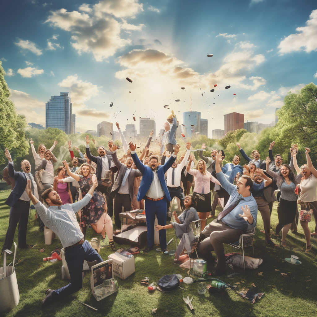 Group of business owners and trademan celebrating success in a park