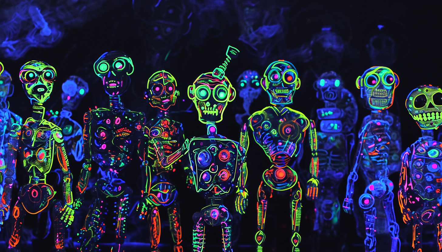 Robot crowd at blacklight rave