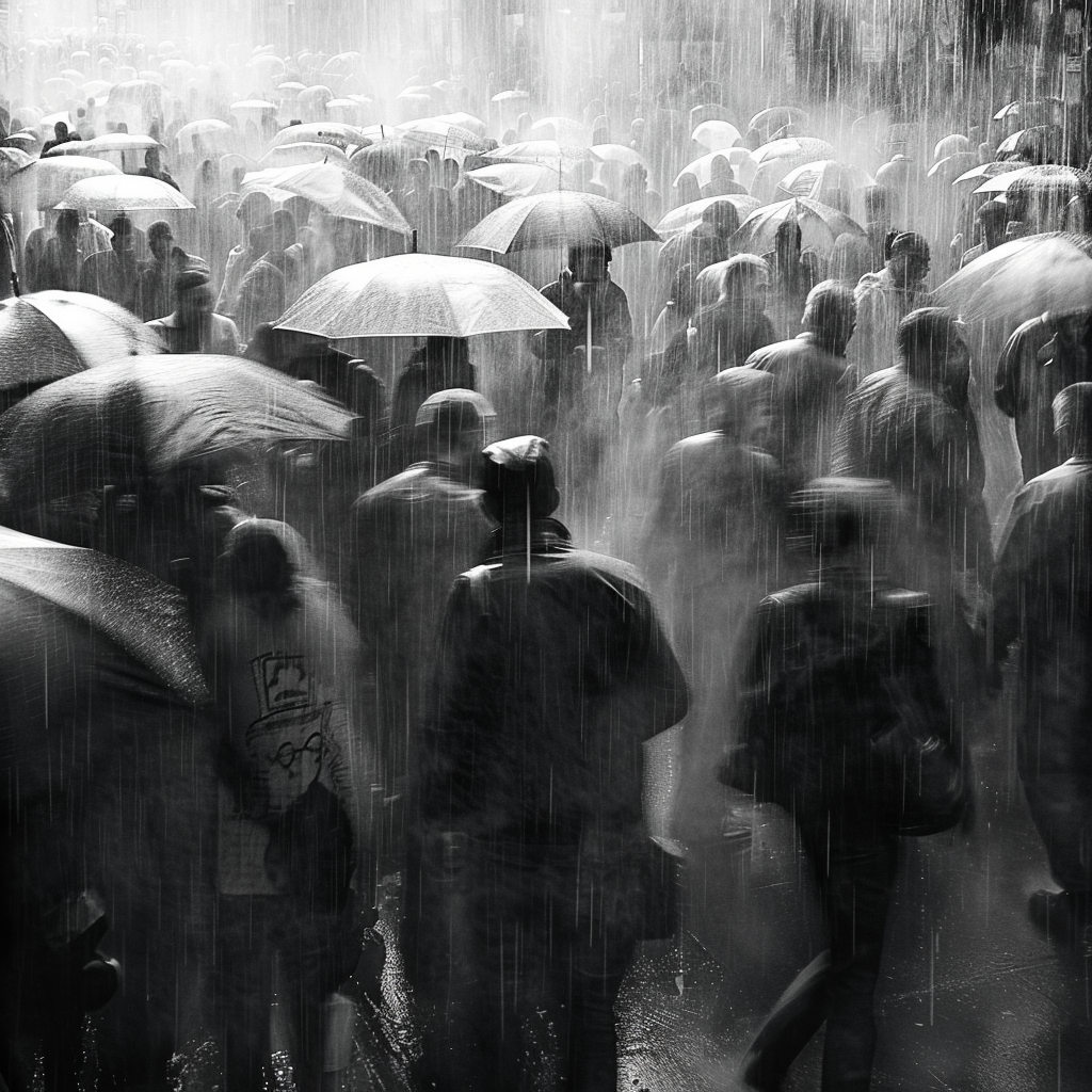 Rainy crowd in black and white