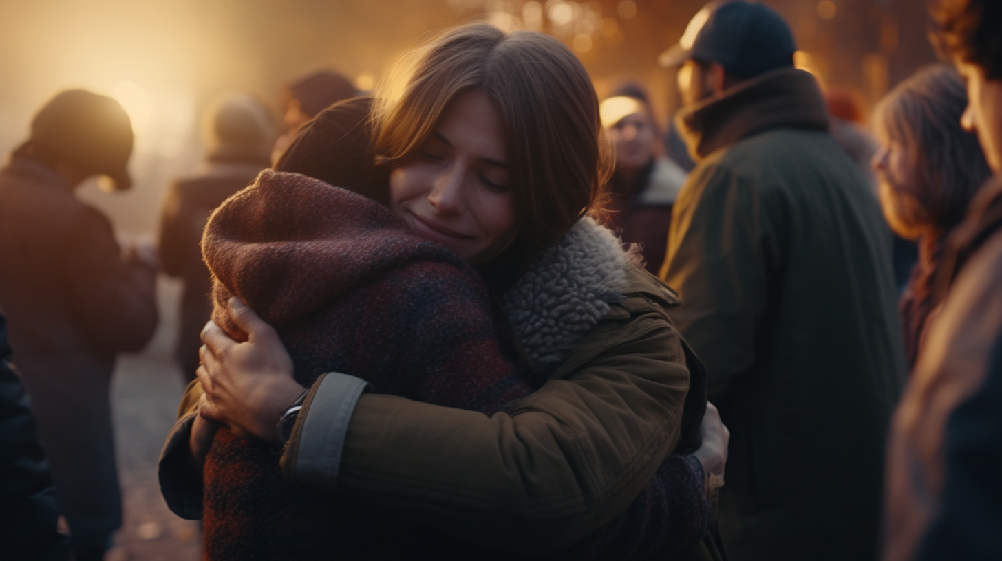 Crowd hugging in cinematic glow