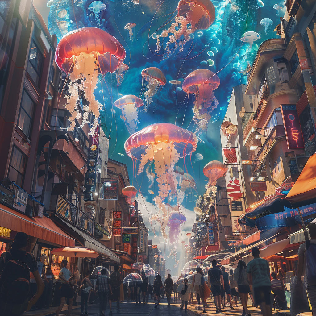 Colorful jellyfish above alien street