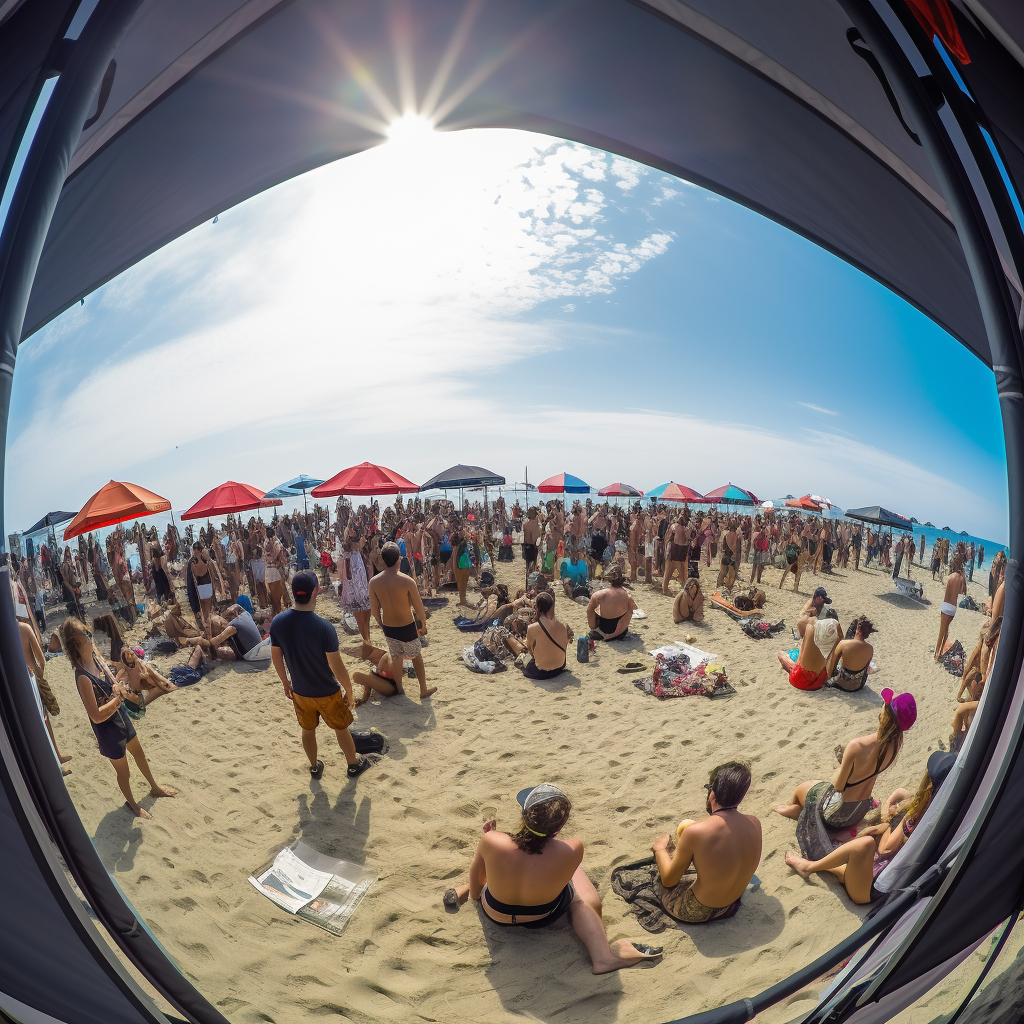 Fisheye photo of a crowded beach with Taylor Swift and small business stand