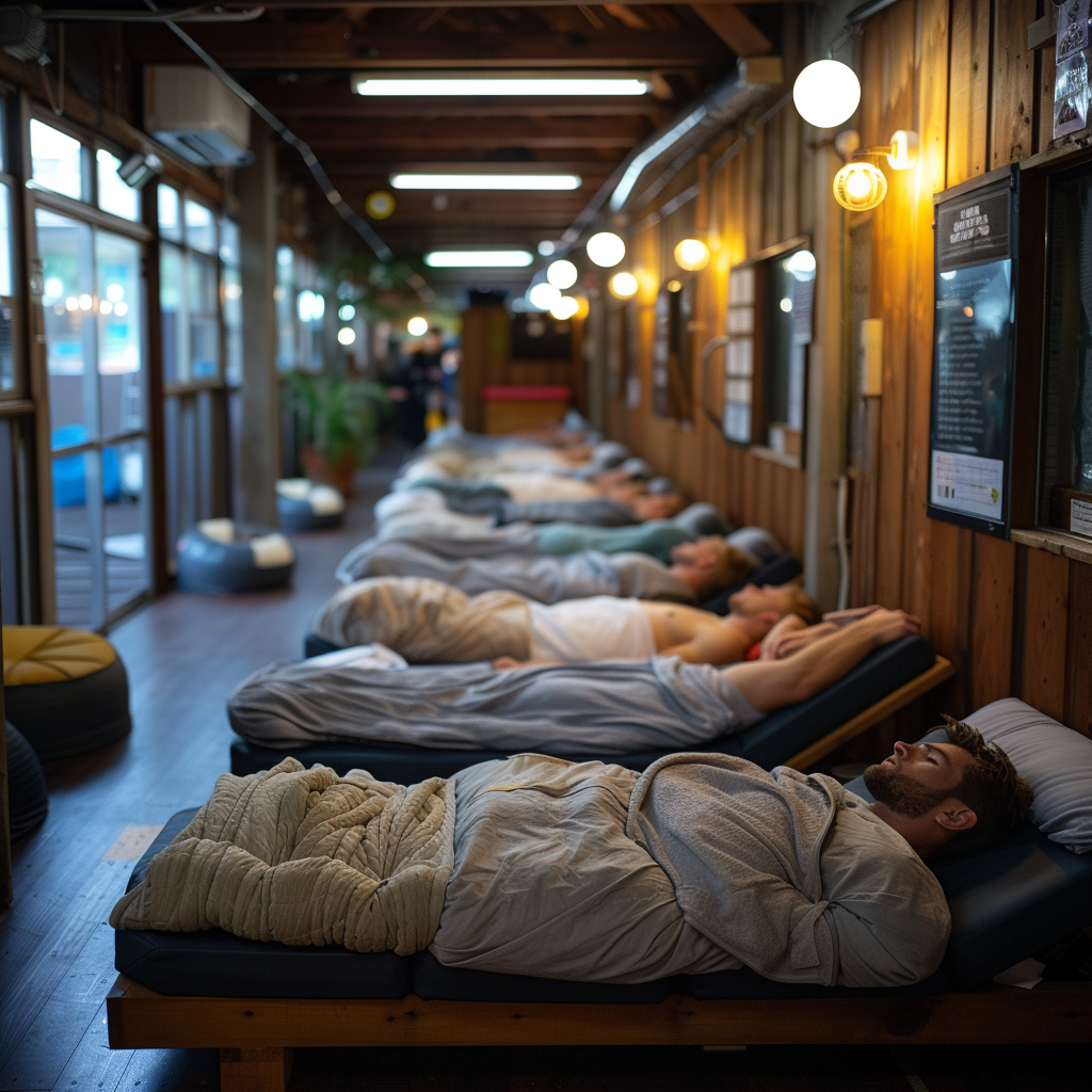 Bed in crowded gym