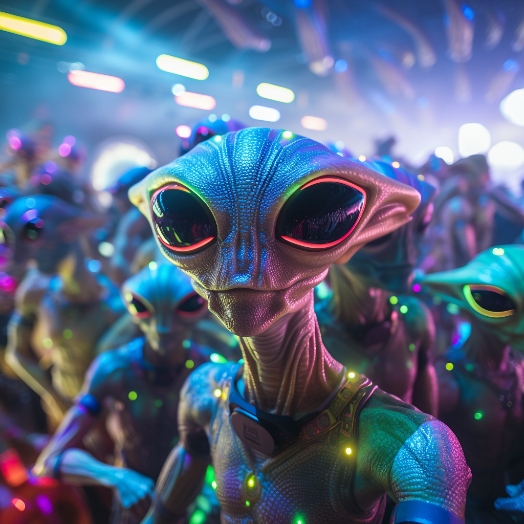 Cute aliens dancing at a crowded rave